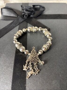 Silver Beaded Charm Bracelet with Ornate Christmas Tree Pendant